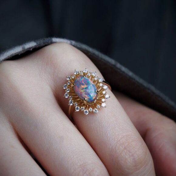 Certificated 2.26ct Play of Color Black Opal Diamond Halo Engagement Ring 18K Go - Picture 5 of 9